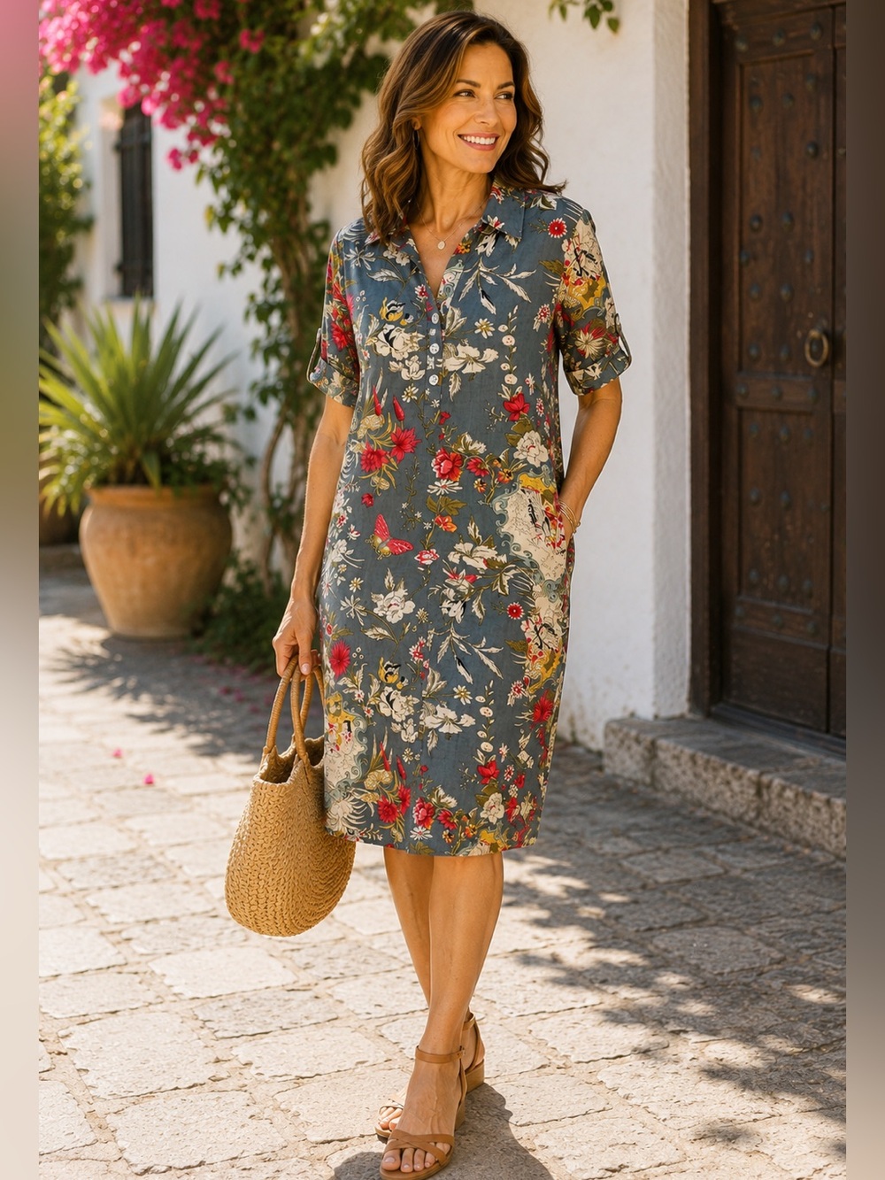 CC Chic Connection 100% Cotton Floral Shirt Dress Gray Knee Length Size Small